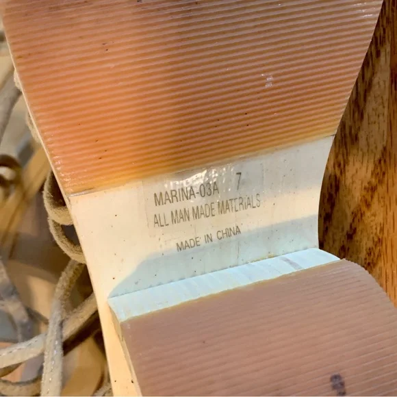 VTG y2k Bamboo Cut Out Heels Wrap Tie Sandal Wedge Wood Suede 7 2000 90s Chunk - Picture 12 of 12